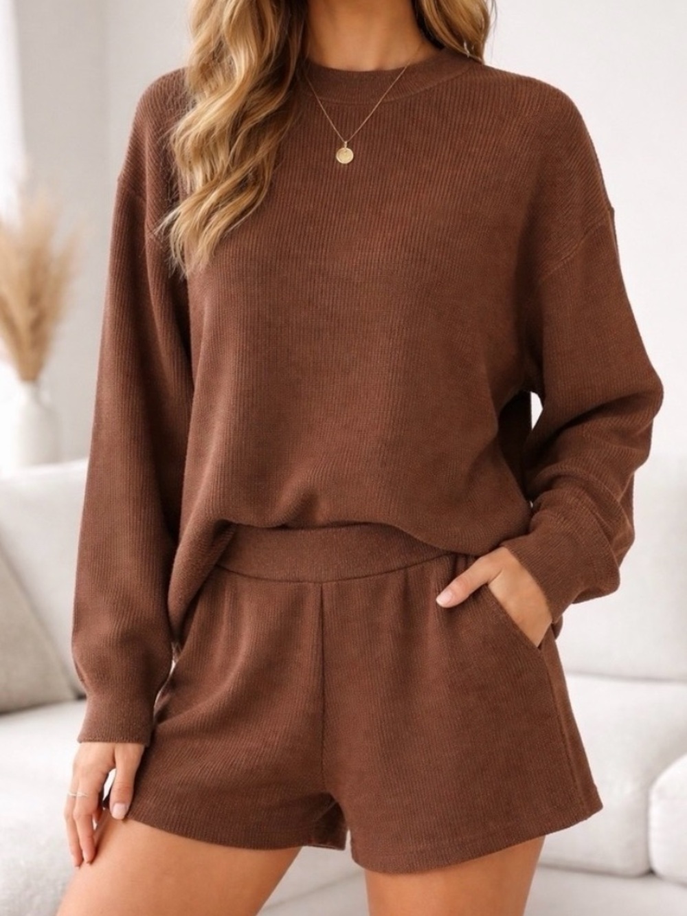 Zenana 100% polyester, tan 2 piece shorts and sweater set. Size small. New!